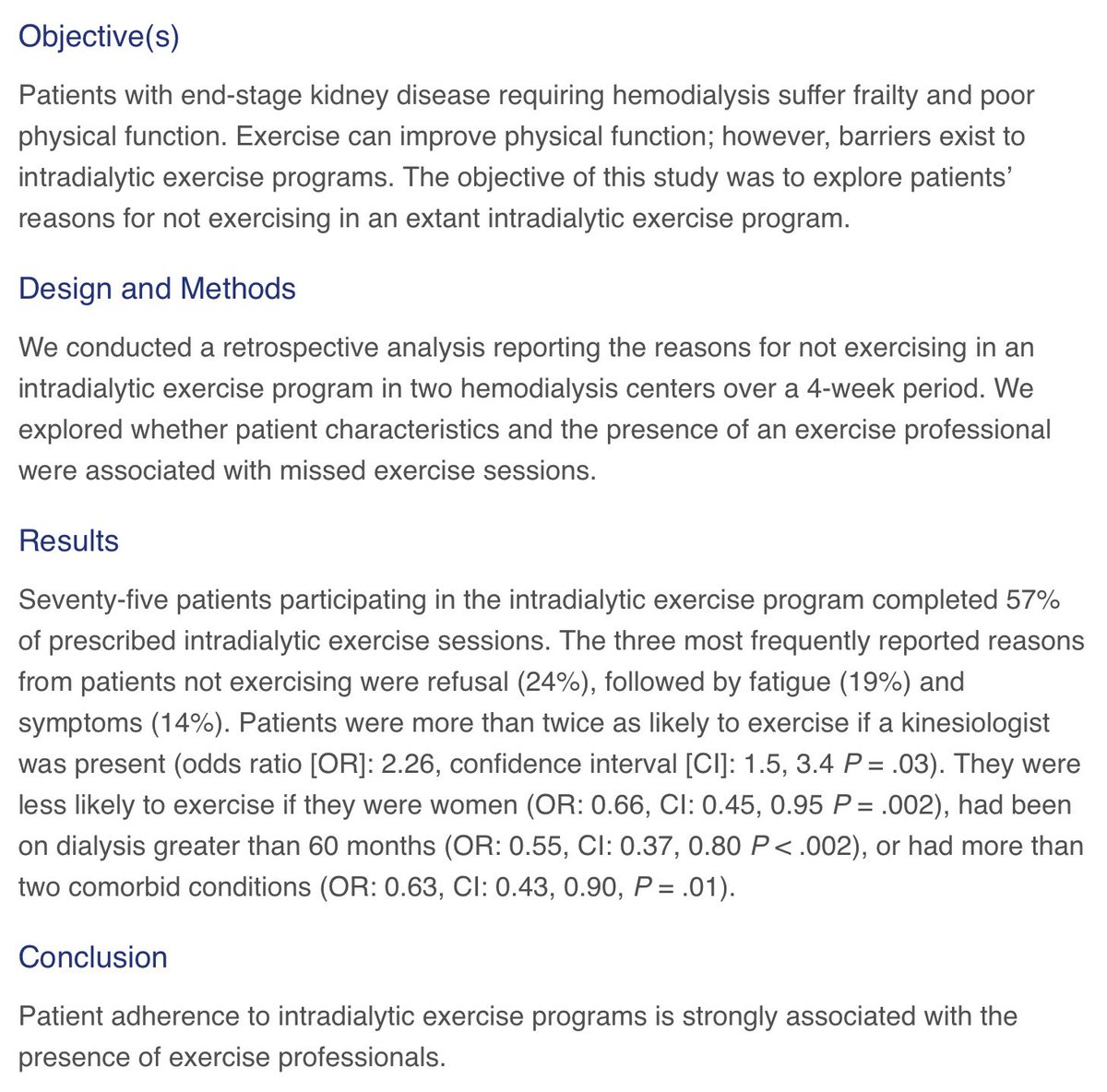 Reasons for non-participation in a sustained #IntradialyticExercise program — findings from this newly published study indicate that program adherence is strongly associated with the presence of #exercise professionals.

➡️ bit.ly/3uFrlLm
