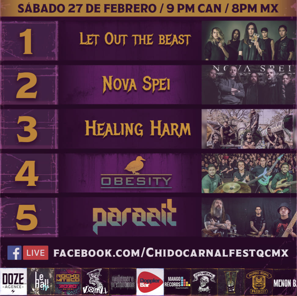 Este es el flyer de la 4ta parte del #ChidoCarnalFest hoy a las 8pm - Mex con:
<a href="/LetOutTheBeast3/">Let Out The Beast</a> #NovaSpei <a href="/HealingHarm/">Healing Harm</a> <a href="/OBESITYband/">Obesity Band</a> y <a href="/Parazitmx/">Parazit</a> .