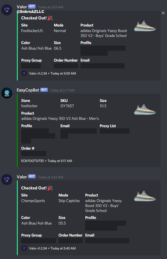 snkrsazllc's tweet photo. 🤖: @EasyCopBots @ValorAIO
☁️: @BlackHatProxies @OculusProxies
🍳 👪: @CarbnIO @SoleSocietyVIP @Soleus
👟: #yeezyboost350 #ashblue / #Jordan4TaupeHaze unlogged https://t.co/xbZVjU2bbW