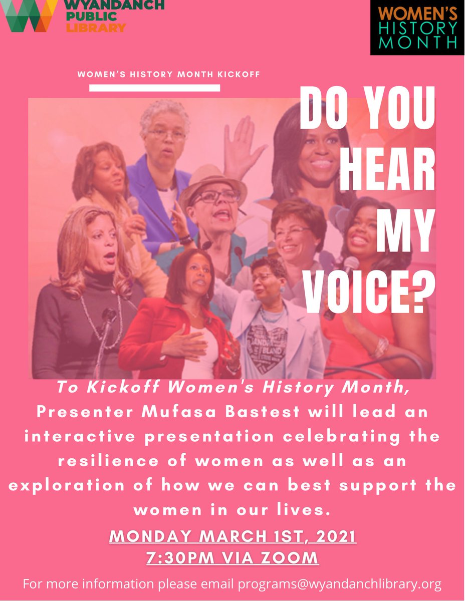 This Monday March 1st at 7:30pm, we invite you via Zoom to attend our Women’s History Month Kickoff Program titled “Do You Hear My Voice?” with Presenter Mufasa Bastet.  More information on the flyer and Zoom link below!

zoom.us/j/3945182251