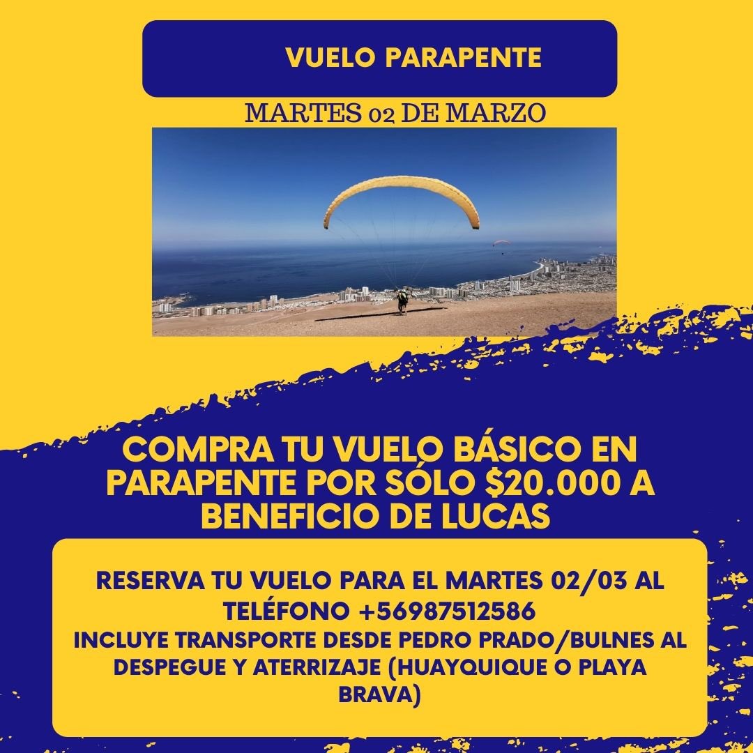 ayudemosalucas1's tweet photo. 📢Atención #iquique📢La family fly nos invita a llegar a la meta VOLANDO! Reserva tu cupo para vuelo básico en parapente con instructor para el martes 02/03 a sólo $20.000 #TodosconLucas 💪🧩💙 https://t.co/WqOFtLrE6P