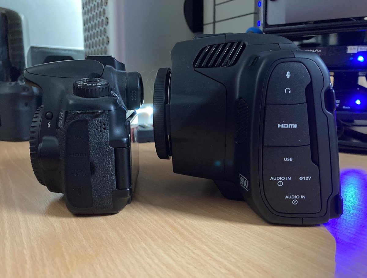 HugoCGuerra's tweet photo. Look at the size of this thing! The Pocket 6K pro vs a Canon 60D! I guess size matters! #blackmagic #pocket6kpro @Blackmagic_News https://t.co/spaV90LSEZ