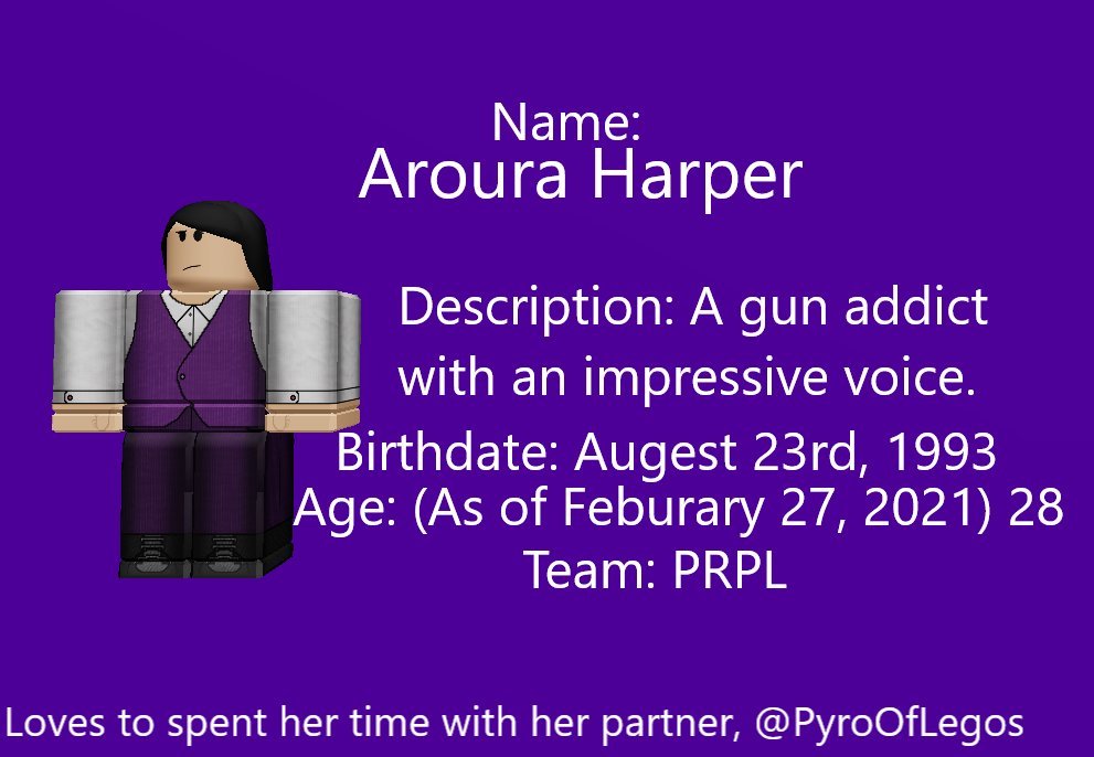 PRPLAgent's tweet image. Greetings! My name is Aroura Harper
[Image by @PyroOfLegos]

(Last time I'm doing this I hope)
