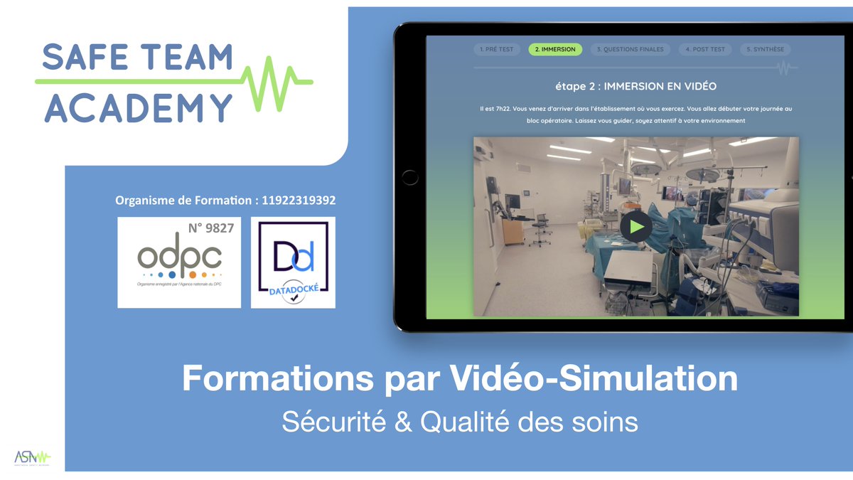 SafeTeam Academy (certifiée Qualiopi) (@safeteamacademy) on Twitter photo Envie de se tester en matière de culture de sécurité et de travail en équipe au bloc opératoire.
Les premières sessions DPC 100 % e-learning sont ouvertes à tous les professionnels du bloc opératoire.
mondpc.fr Référence : 98272100005 Envie de se tester en matière de culture de sécurité et de travail en équipe au bloc opératoire.
Les premières sessions DPC 100 % e-learning sont ouvertes à tous les professionnels du bloc opératoire.
mondpc.fr Référence : 98272100005
