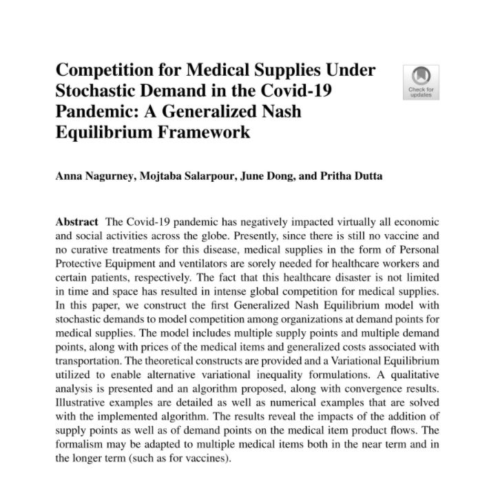Supernetworks's tweet photo. Thrilled that our #orms paper with @salarpour_m @aasnow2 + @pritha_dutta31 on #Competition for Medical Supplies, inc #PPEs, accepted in July, with relevance now even to #vaccines, has been published in a new edited volume:
https://t.co/0LOlhcUbk4
Preprint: https://t.co/BA6pSqLpGk https://t.co/ztTWOgWuzW