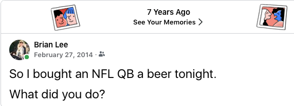 BLeeve14's tweet photo. βI think this is the beginning of a beautiful friendship,β I said turning to see that #Stafford had already left the bar.
#FBmemories #incompletepass #drinklocal @EventideBrewing https://t.co/t2l9XBVorr