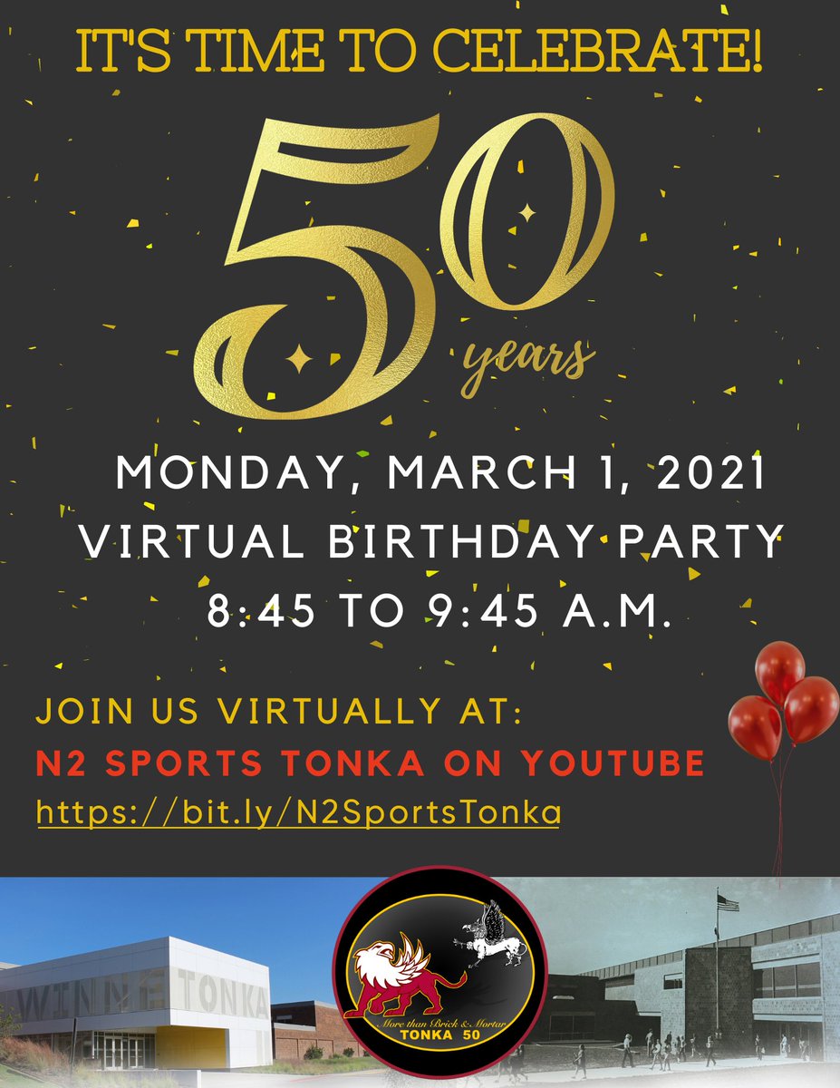 NKCSchools's tweet image. Join us virtually on Monday morning for Winnetonka’s 50th Anniversary! The virtual birthday party will feature alumni speakers and principal Dr. Eric Johnson. Celebrations begin at 8:45 a.m. on the N2 Sports Tonka YouTube channel: bit.ly/N2SportsTonka