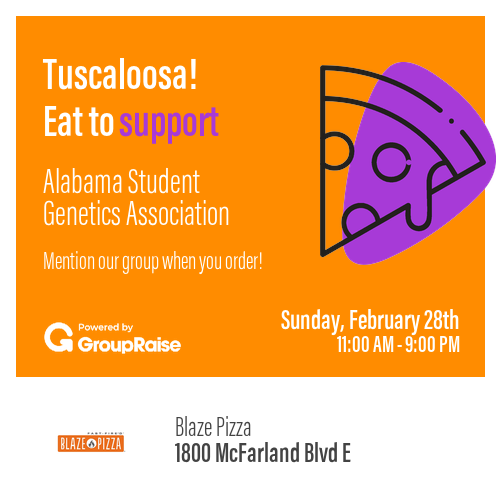 AlabamaGenetics's tweet photo. Make sure to come to our Blaze fundraiser tomorrow anytime between 11 and 9PM! Mention our group name when you order 😄 https://t.co/yjdMmU7iYA