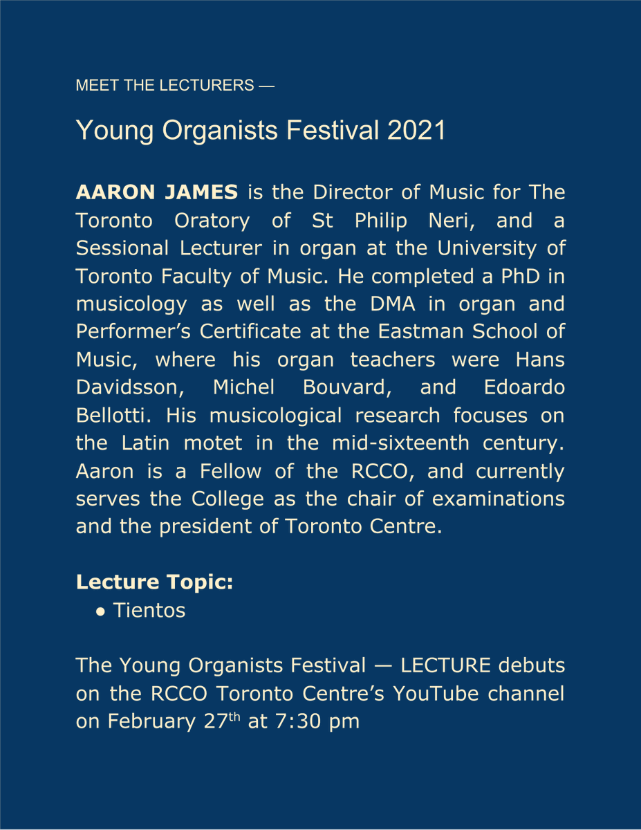 RccoToronto's tweet photo. #SaturdayNight is #TientoTime!

Join President @SileFragor et al for tonight’s online lecture on #Tiento and other #organ topics as part of #Young #Organists #Festival 2021.

Set reminder here: https://t.co/Q87NFCVWa3 and subscribe to our #YouTube channel for more. #music https://t.co/gFVGuGlvFa