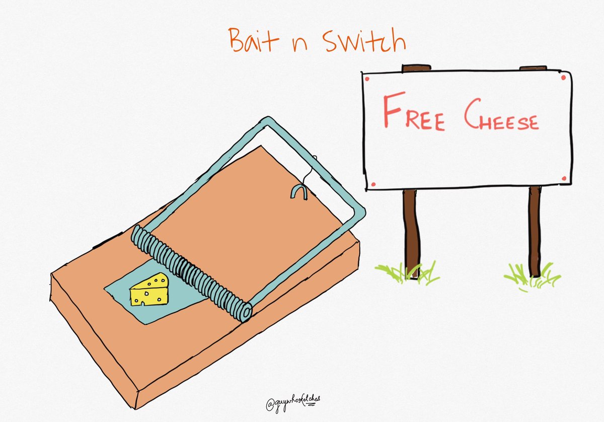 MentalModelsApp's tweet image. Bait and Switch
————
“Bait and switch is a fraudulent activity whereby a company advertises goods at an incredibly low price with the aim of substituting for them with inferior or pricier alternatives at the time of purchase. Just like the worm at the...”

bit.ly/3pUjbLG