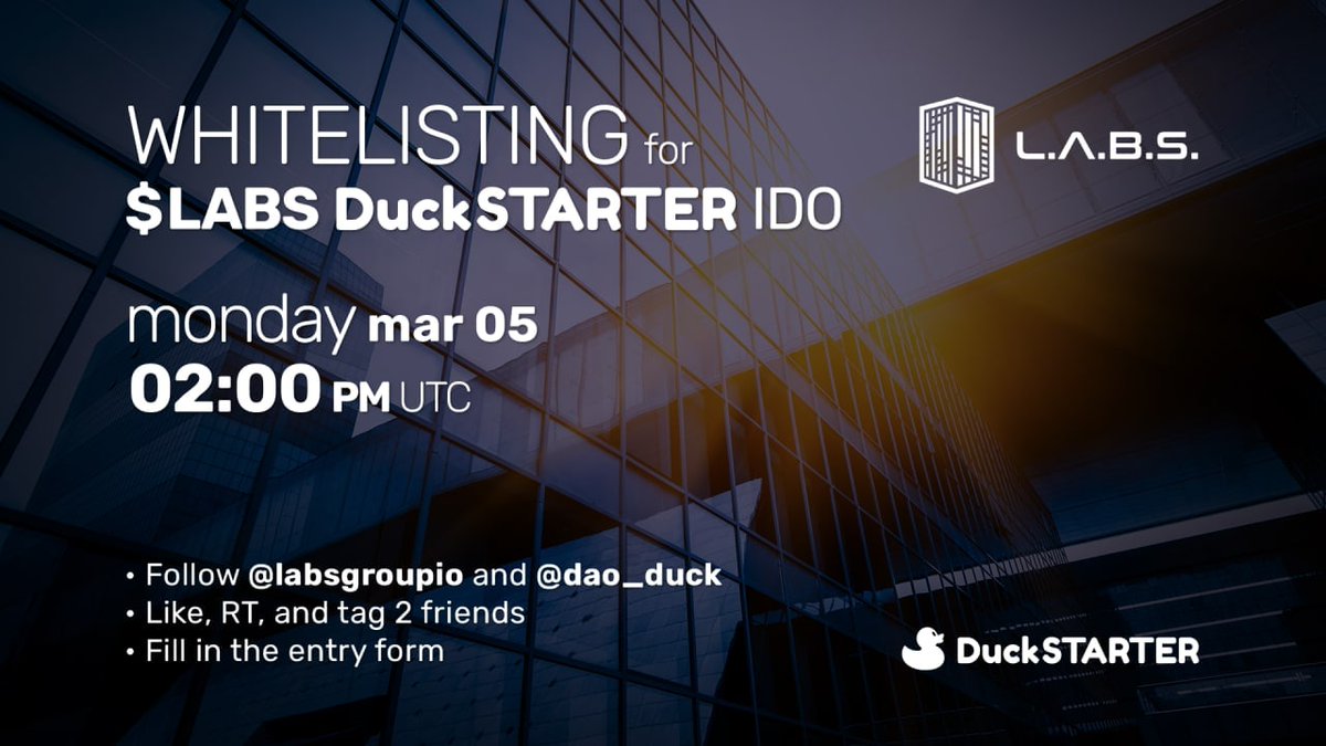 dao_duck's tweet image. ⚡️The time is now!⚡️

Whitelisting for the $LABS DuckSTARTER IDO is now open.

-Follow ⁦@labsgroupio and ⁦@dao_duck
⁩
-Like, RT, and tag 2 friends
-Fill in the entry form 

forms.gle/JgyAzKt5GZph7P…

#LabsGroup #Crypto #Duckstarter $DDIM $DUCK
