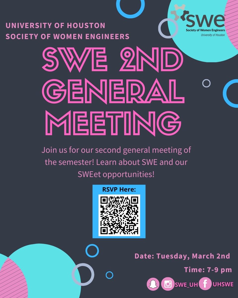 SWE_UH's tweet image. Make plans to join us this Tuesday from 7-9PM via Zoom at our 2nd General Body Meeting of the Spring 2021 semester!

Can&apos;t wait to see all of you there!

#gocoogs #uhengineering #cullenengineering #uh2024 #uh2023 #uh2022 #uh2021 #SWEUH #swe #networking