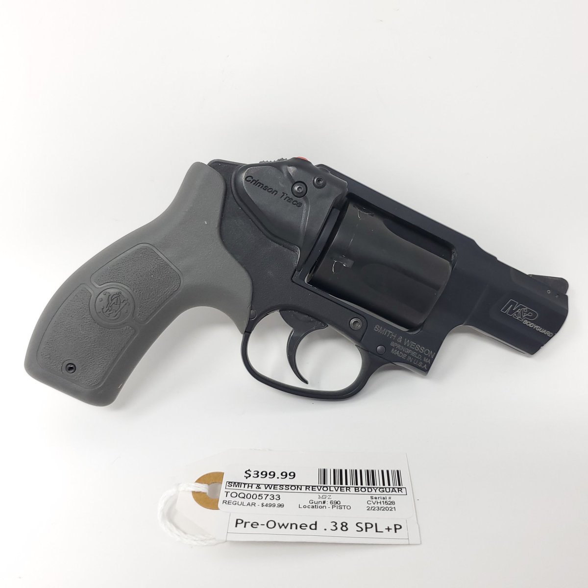 TopGunPawn's tweet photo. M&amp;P Bodyguard .38 Spl+P Revolver with Integrated Crimson Trace Laser, by Smith &amp; Wesson!
•
#smithandwesson #mpbodyguard #crimsontrace #doubleaction #revolver #bootgun #38special #38spl #38specialplusp #pewpewpew
•
Item: # 5733
Price: 👉 [ $399.99 ] https://t.co/lWYRc4YP6m