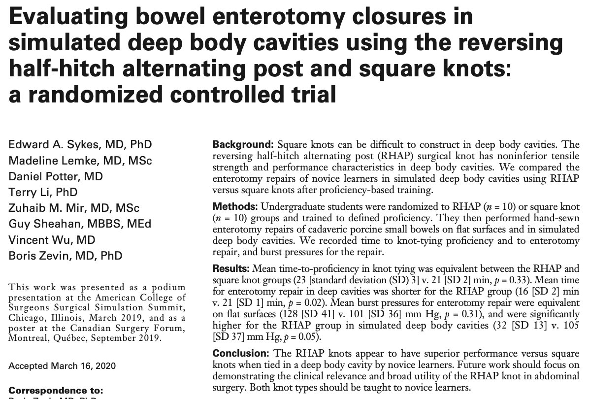 BZevin's tweet photo. Check out our study examining the utility of RHAP knots in deep body cavity published in @CanJSurg
https://t.co/DVoSlCxNcY
If interested in learning more about RHAP knots, see:
1. https://t.co/7QkSJFrJ3y
2. https://t.co/M9xqZ8fvW9
@QueensGenSurg @ZuhaibMir @MaddyLemke https://t.co/zDAemE0NGM