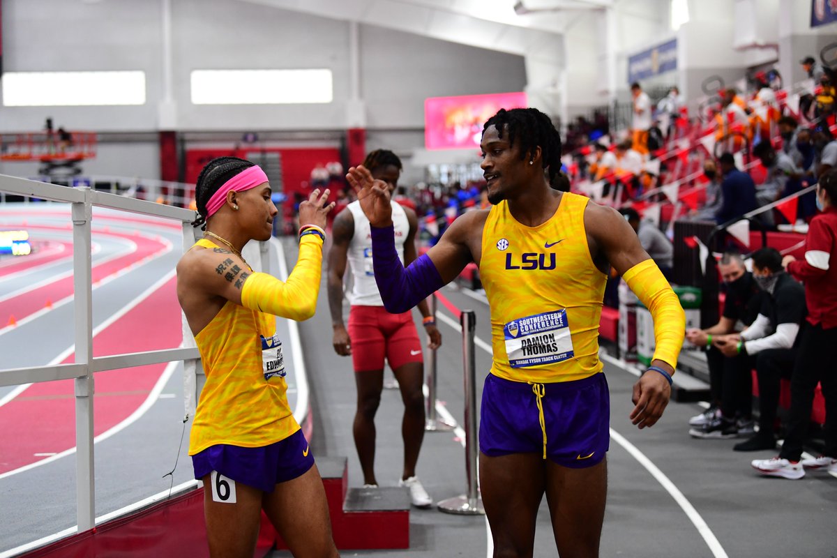 LSUTrackField's tweet photo. Damion Thomas (1st/7.60/PR) and Eric Edwards Jr. (2nd/7.67) rack up 1⃣8⃣ points for the Tigers in the 60 meter hurdles!

#GeauxTigers https://t.co/hJRKoycirE