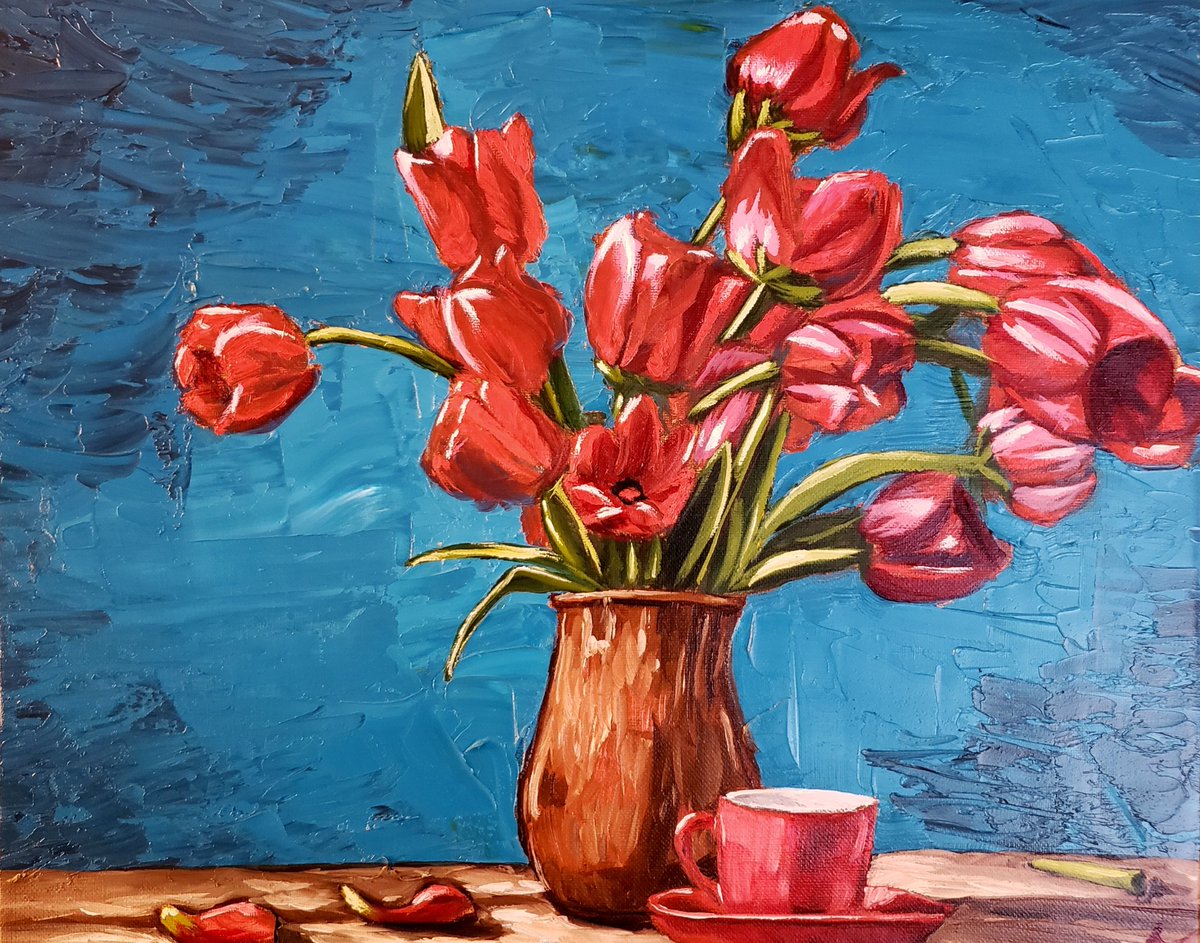 NicholsonArts's tweet photo. Tulips With Cup. 16"×20" oil on canvas. #painting #oil #oilpainting #oiloncanvas #stilllife #stilllifepainting #art #fineart #flowers #flower #tulips #tulipart https://t.co/YuWlFLdjn5