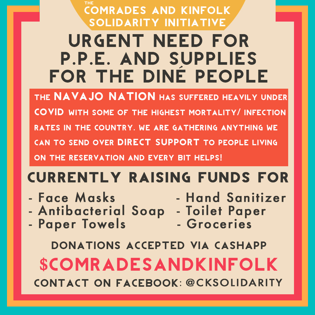 comradejoma's tweet image. 🚨🚨🚨 A principled comrade of mine from Anakbayan is doing some solidarity work w/ the Diné people of the Navajo Nation. They're assembling 100 PPE packages to send to the rez to combat Covid. Every $ is being used for supplies.

Please boost, share a few bucks if you can.