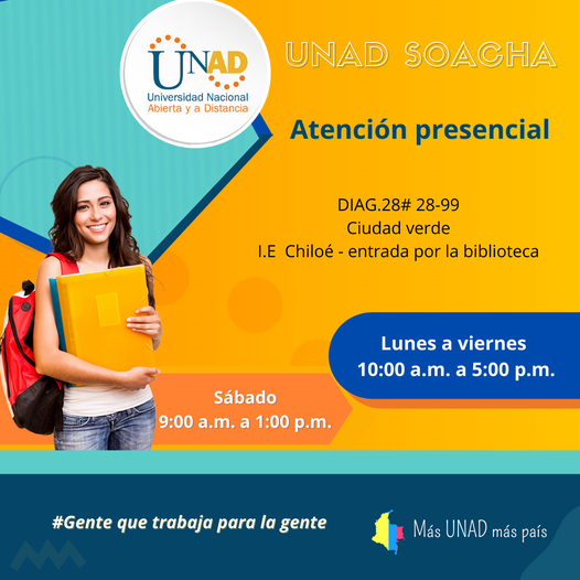 UnadSoacha's tweet photo. Si necesitas más información sobre cómo hacer tu inscripción y matrícula o asesoramiento académico, ya nos encontramos atendiendo de forma presencial. 
 3174344874
 soacha@unad.edu.co
#másunadmáspaís #gentequetrabajaparalagente
#unadsoacha #SeProfesional https://t.co/ZC8Cb0lfqI
