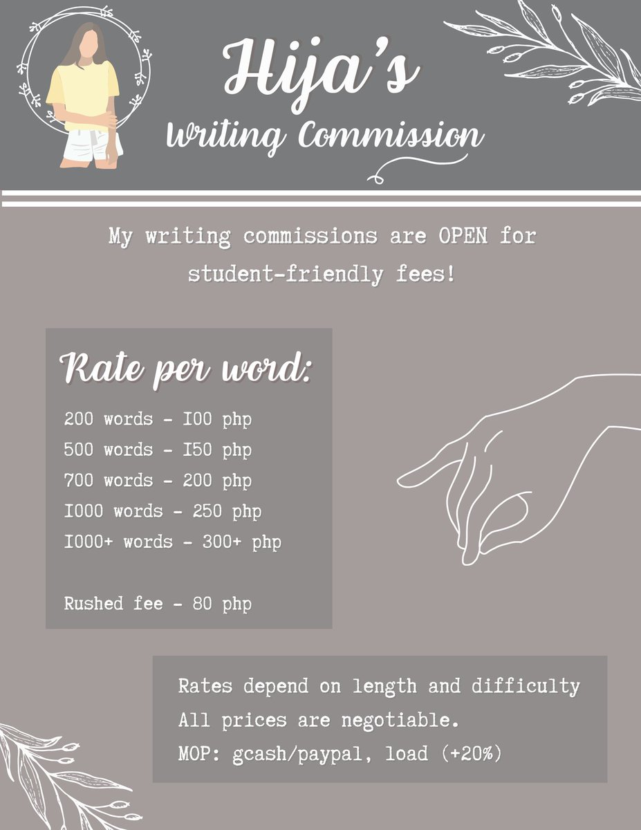 HijasWritingDen's tweet image. Hi! Hija here with our academics and writing services!

With over 300+ finished outputs and  successful transactions since November, our service is one of the finest and well-trusted! Our services include a wide variety of topics and writing styles. DM us now!