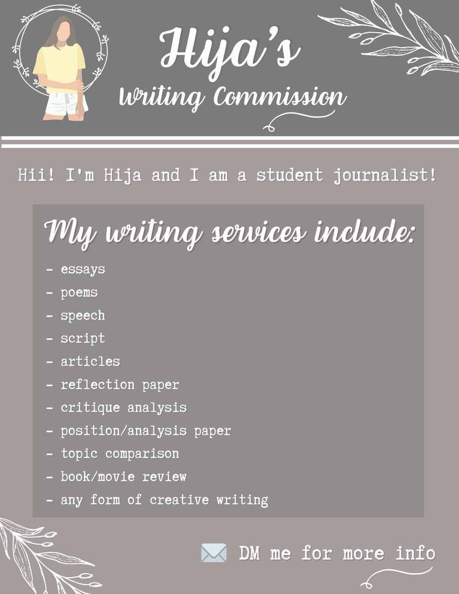HijasWritingDen's tweet image. Hi! Hija here with our academics and writing services!

With over 300+ finished outputs and  successful transactions since November, our service is one of the finest and well-trusted! Our services include a wide variety of topics and writing styles. DM us now!