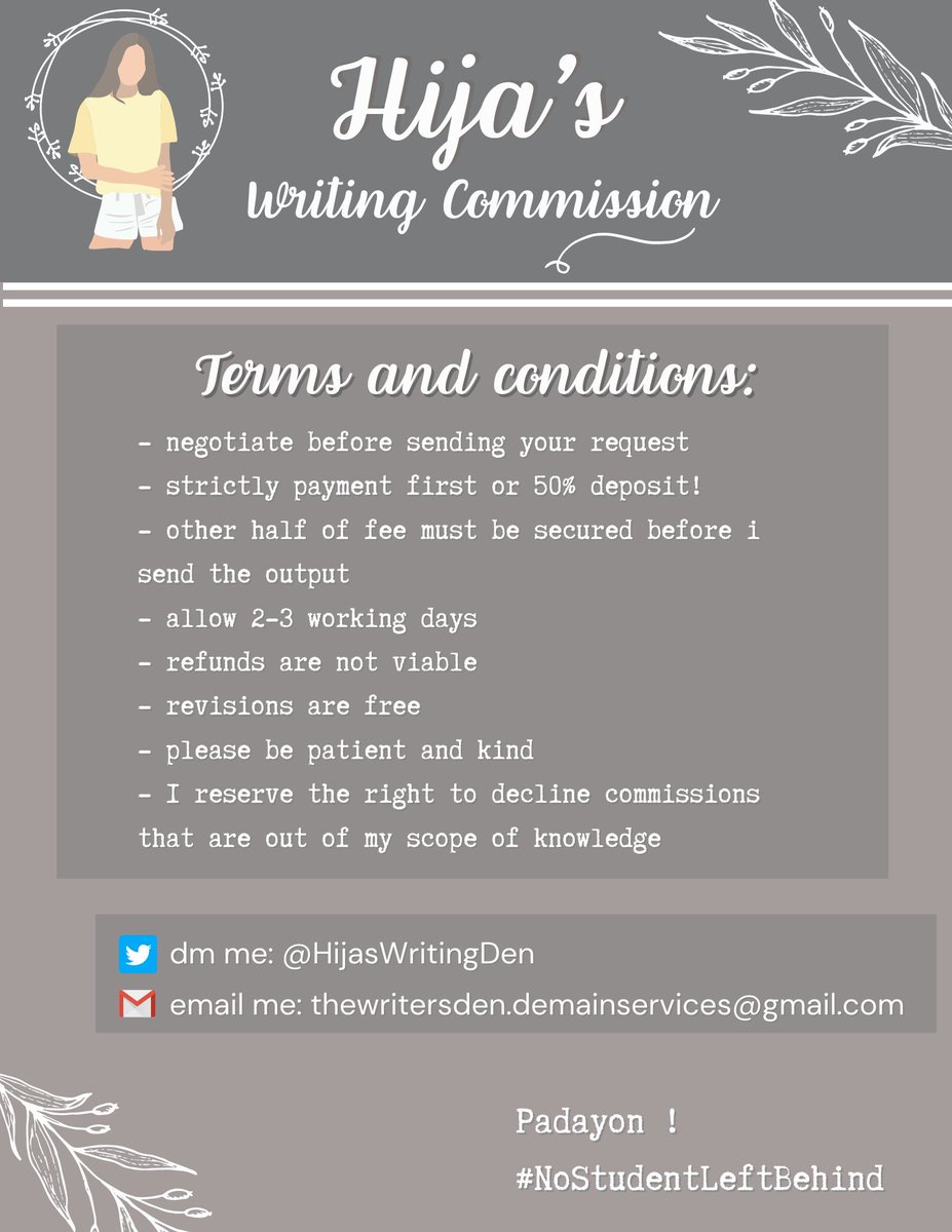 HijasWritingDen's tweet image. Hi! Hija here with our academics and writing services!

With over 300+ finished outputs and  successful transactions since November, our service is one of the finest and well-trusted! Our services include a wide variety of topics and writing styles. DM us now!