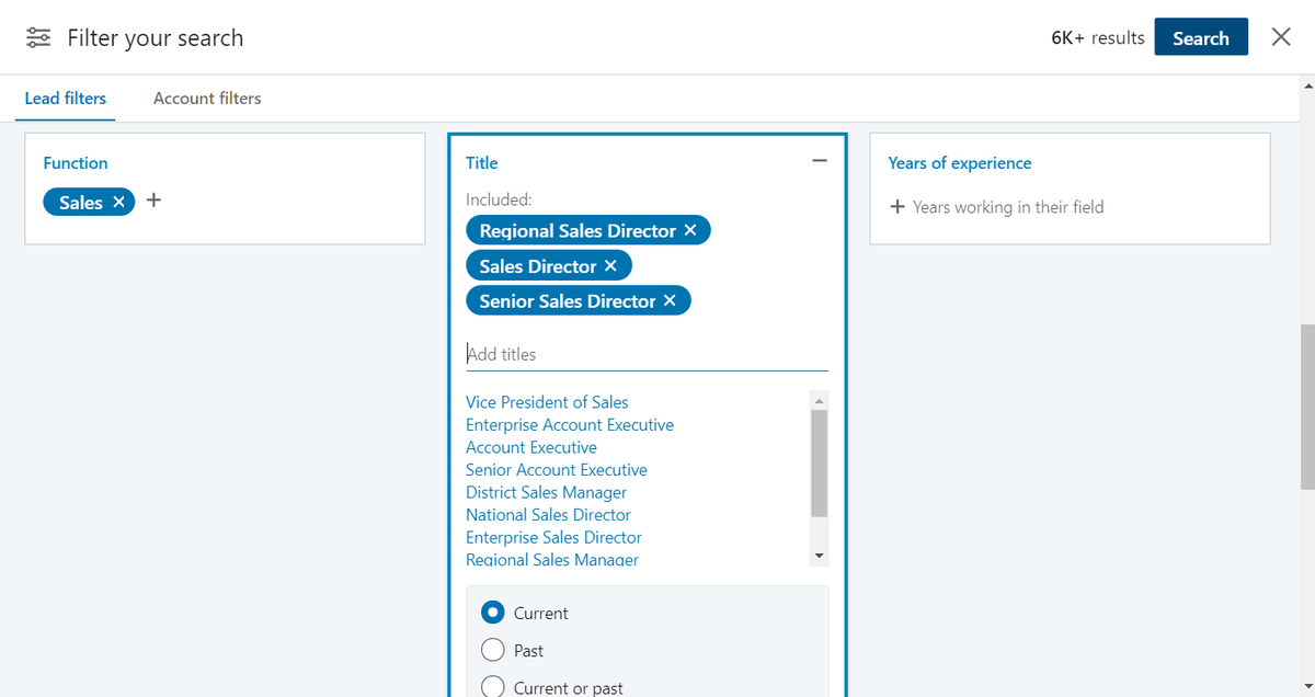 What you will now do is generate a list of names and emails of Sales Managers and VPs at SaaS companiesYou want to filter by these titles, select “Computer Software” as your industry, and set the headcount from around 11 to 500 tops