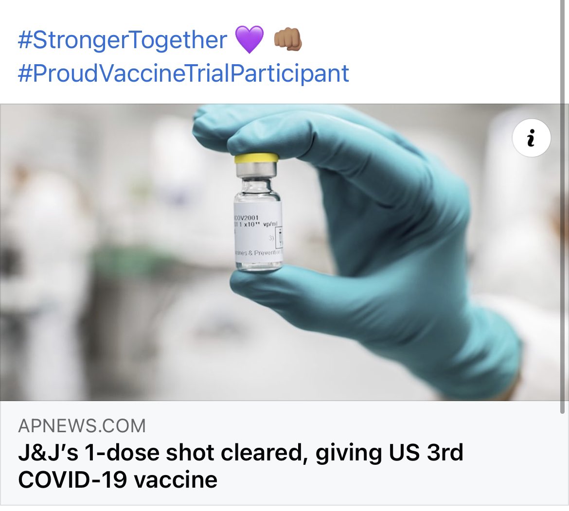 alesotelosolis's tweet image. It’s official &amp;amp; I’m proud to have been part of this effort! #JohnsonAndJohnson vaccine has received official FDA emergency approval! #OneAndDone 💉 🤟🏽 #ThreeOptions @jandjcares @UCSDnews @UCSDHealth 

#StrongerTogether 💜 👊🏽#ProudVaccineTrialParticipant 

apnews.com/article/ap-top…