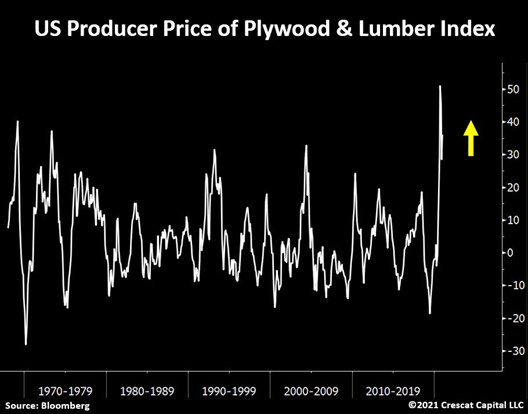 Lumber and plywood prices are not only near record levels, but they are also rising at their fastest pace since 1974. Agricultural commodities, base metals, gasoline, natural gas, are all up over 20% YoY.