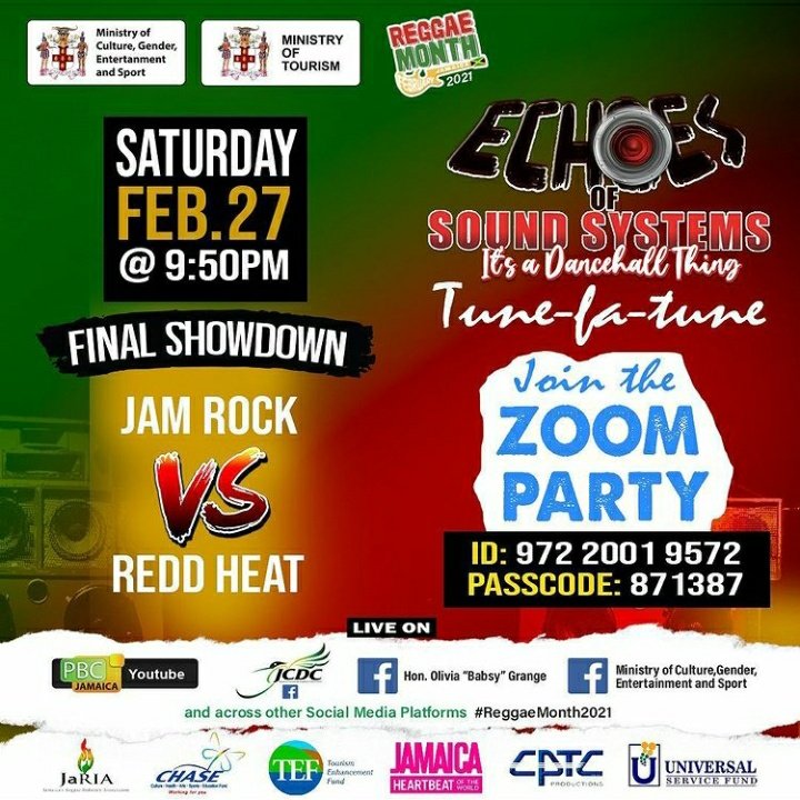 It's the finale of Echoes of Sound Systems 🔊🔊 Catch the nail-biting showdown between Jam Rock and Redd Heat TONIGHT at 9:50pm!
Going live on Zoom, YouTube and FB &amp; IG! 
<a href="/pbcjamaica/">Public Broadcasting Corporation of Jamaica</a>
<a href="/JCDCJamaica/">JCDC - Jamaica</a>
<a href="/Babsy_grange/">Hon. Olivia “Babsy” Grange</a>
#IAmReggae #ReggaeMonth2021💥 #ComeKetchDeRiddim #reggaemonthtv
