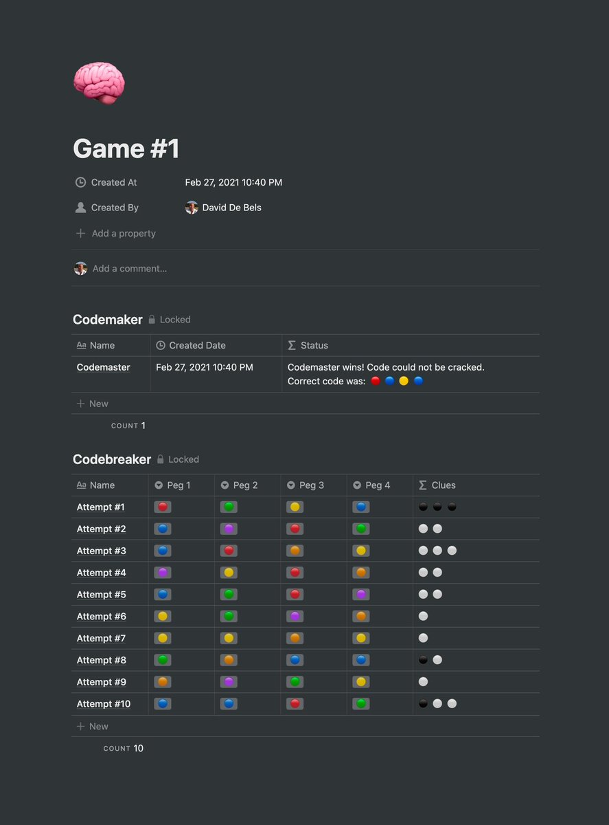 DavidDeBels's tweet photo. Now that @bensomething opened pandora’s box with @NotionHQ games, here’s a classic game that you can play by yourself, using Notion as your opponent:
Mastermind (aka code-breaker)

https://t.co/q8zPzYVBvT https://t.co/0BroPvSg6U