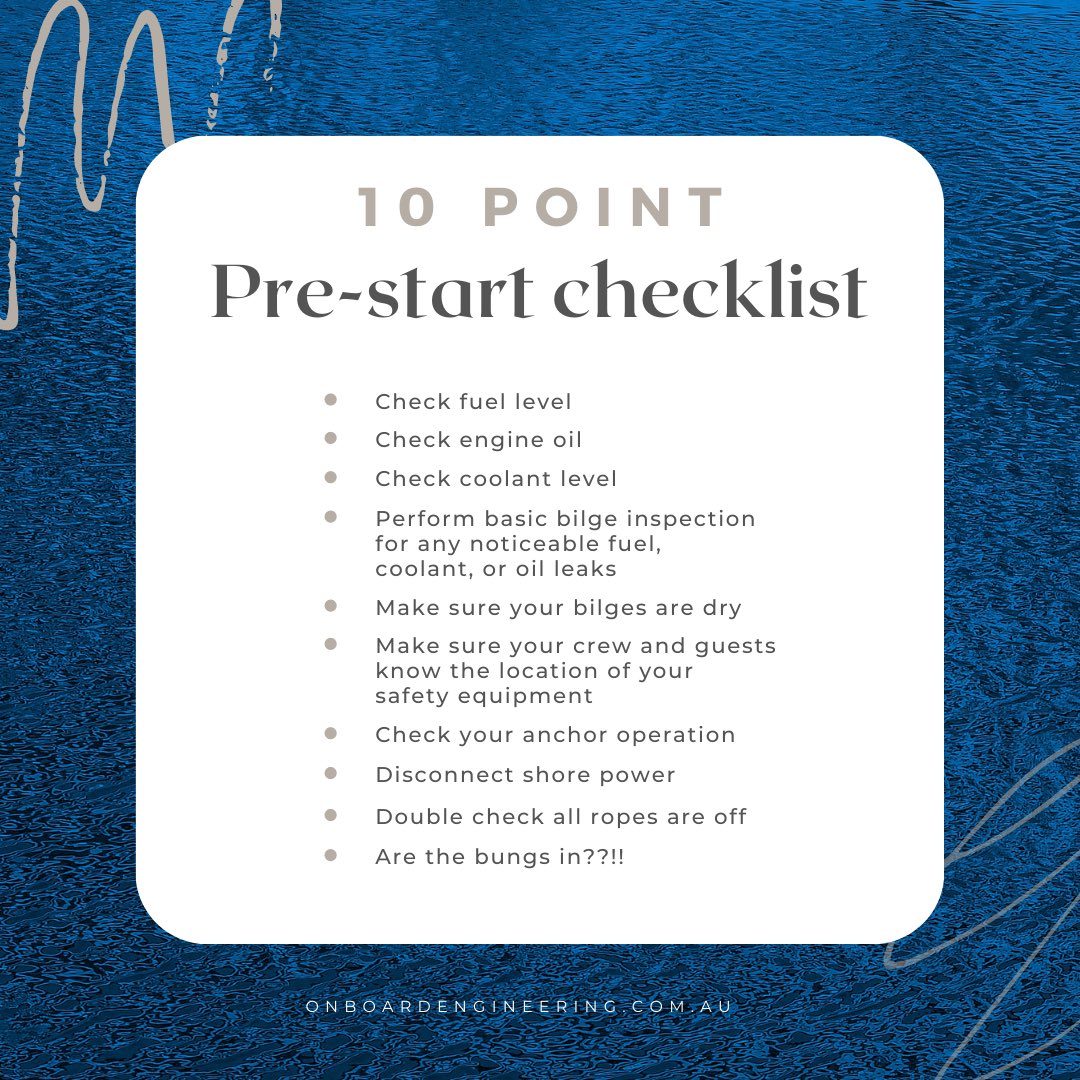 OnboardEng's tweet photo. Before you go boating, do you have a pre-start checklist? Here are a few tips to get you on your way! #checklist #boating101 #savetheday #checklistrecipe #checklistcompleted #boatsafety #boatsafety101 #checklistcomplete #onboardengineering #prestart #prestartchecklist #tarenpoint https://t.co/3OucMLZHfG