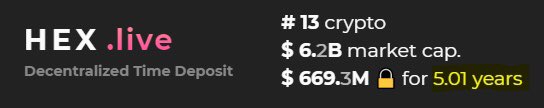The #HEX staker class has now locked up $670,000,000 USD of value for an average of over 5 years. That’s an incredible statement of confidence in $HEX. Even more impressive when you consider this project is only a little over a year old! <a href="/RichardHeartWin/">Richard Heart</a> <a href="/HEXcrypto/">HEX.com 40% APY & 3866x price in 558 days!⬣🚀🌘</a> #Ethereum