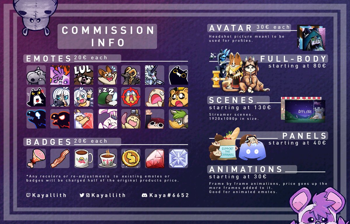 Kayallith's tweet photo. Hey I'm Kaya and I make stuffs! Please consider taking a look at my stuffz! If there's any stuffz that are not listed that you are interested in me doing please feel free to ask. My DMs are open.

#commissionsopen #emoteartist #TwitchStreamers https://t.co/uKBry1jyNS