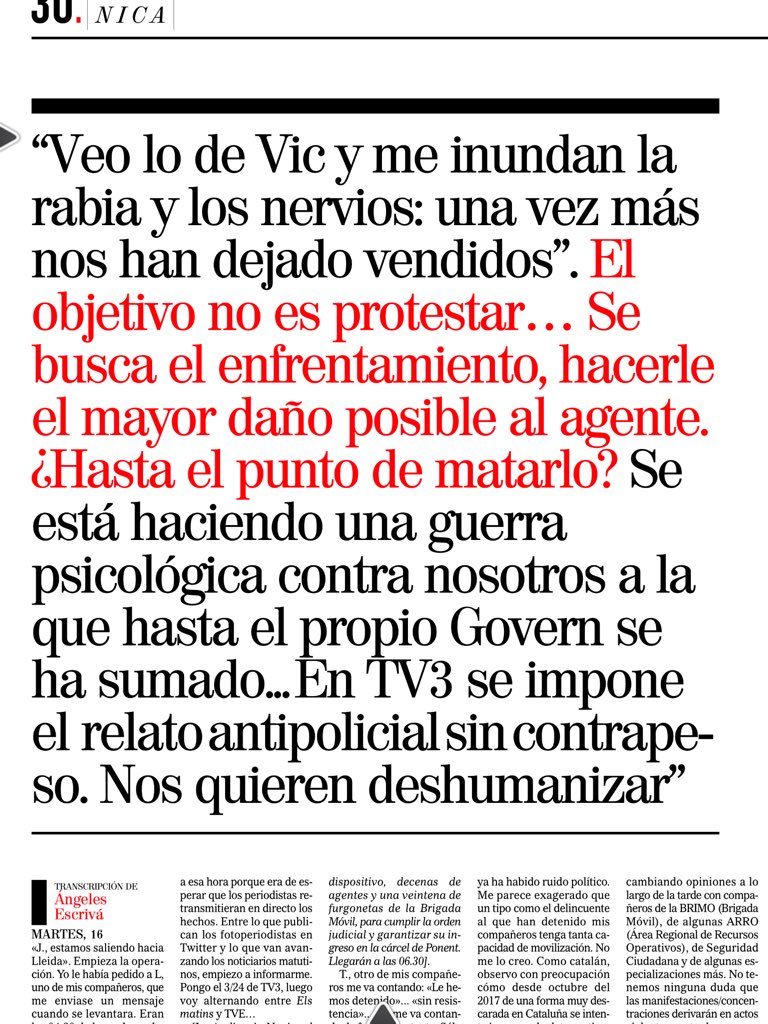 Y aquí la apuesta de portada del suplemento <a href="/Cronica_ElMundo/">Crónica</a> que os espera en el quiosco y ya está disponible en Orbyt. 
Las reflexiones de un mosso antidisturbios en la Cataluña de la violencia

“Nos quieren deshumanizar”