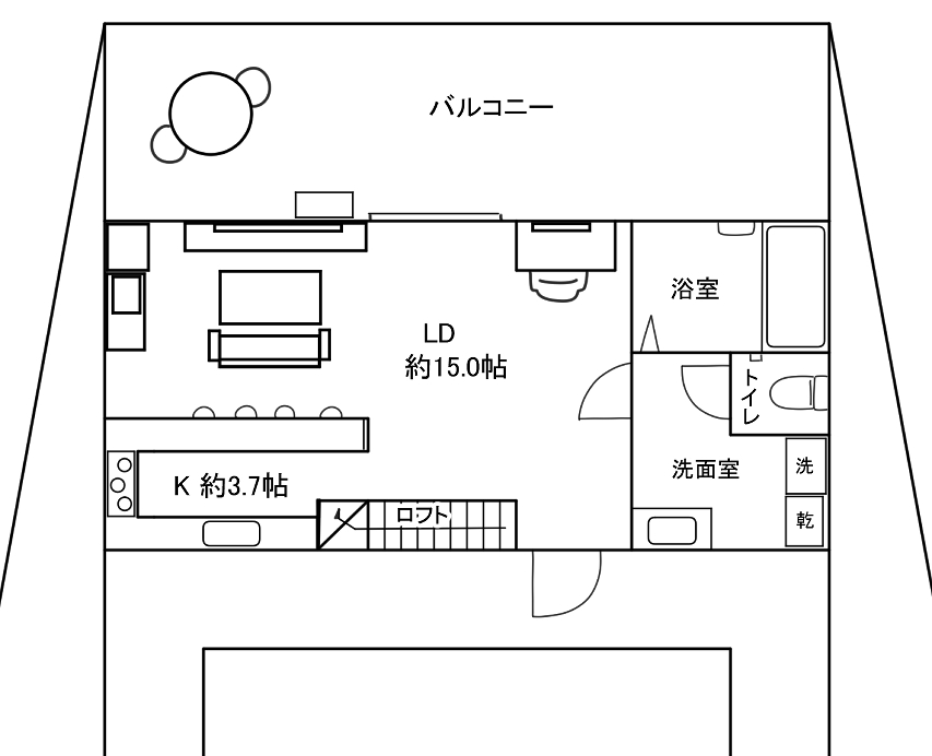 独房の間取りを大まかに描いてみた
ロフトは寝るくらいのスペースしかない(6帖)
バスは横側の窓から外が見える
キッチンにはバーカウンターがある
リビングのソファはベッドにもできるタイプ
冷蔵庫と電子レンジは2つある
バルコニーには白い丸テーブルがある 