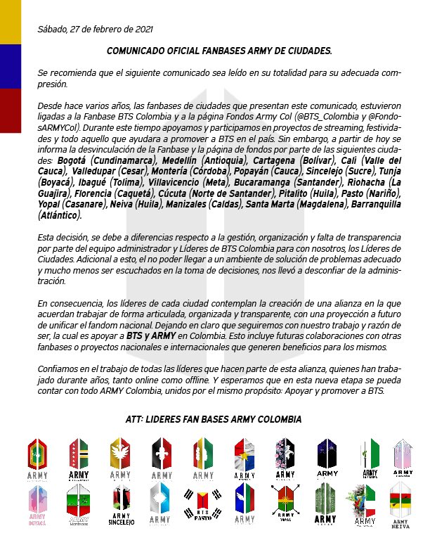ARMYBogotaCol's tweet photo. Comunicado importante sobre la separación entre las FB de ciudades y las personas encargadas de las redes de BTS Colombia.

Esperamos contar con el apoyo de #ARMYColombia y seguir trabajando con amor por BTS💜 #NuevoComienzo
👇🏼hilo de redes sociales de las FB de la nueva alianza+ https://t.co/HGFy6Edogc