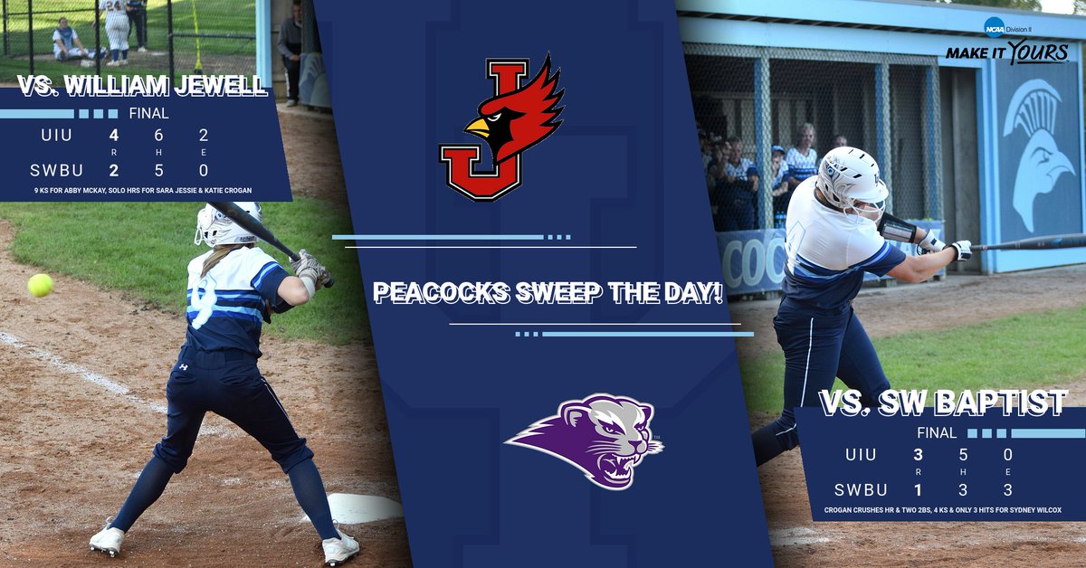 UIUPeacocks's tweet photo. RESULTS: @UIU_Softball secures a 2-game sweep in their second day at the Drury Invitational. Katie Crogan crushed a HR in each game, Abby McKay had 9 Ks in G1, Sara Jessie hit a HR, &amp; Sydney Wilcox allowed only 3 hits in G2. Tomorrow's 1st game is at 10 a.m https://t.co/TtRzrZrYxU