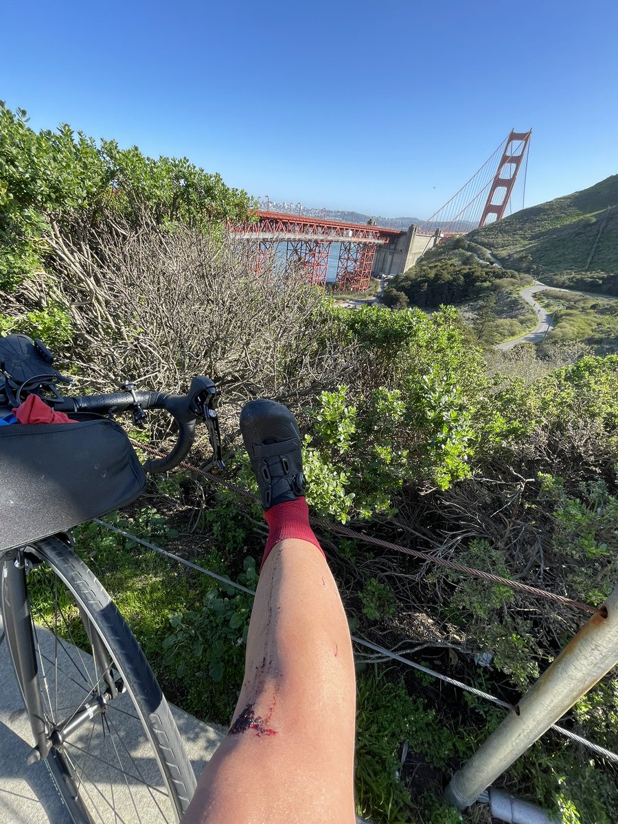 romyilano's tweet photo. I told my skateboarding homies I didn’t lose my edge now that I’m a #mamil my knee matches the Golden Gate Bridge today #clipless https://t.co/v5O3dOT9a7