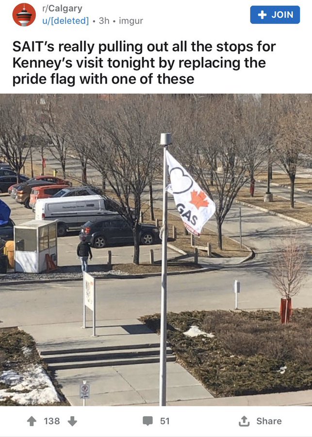 Just after last year's budget cuts were announced,  @jkenney made a visit to  @sait. To help him feel welcome,  @sait removed their pride flag  and replaced it with an "I  oil & gas" flag from  @CanadaAction's merchandise campaign.