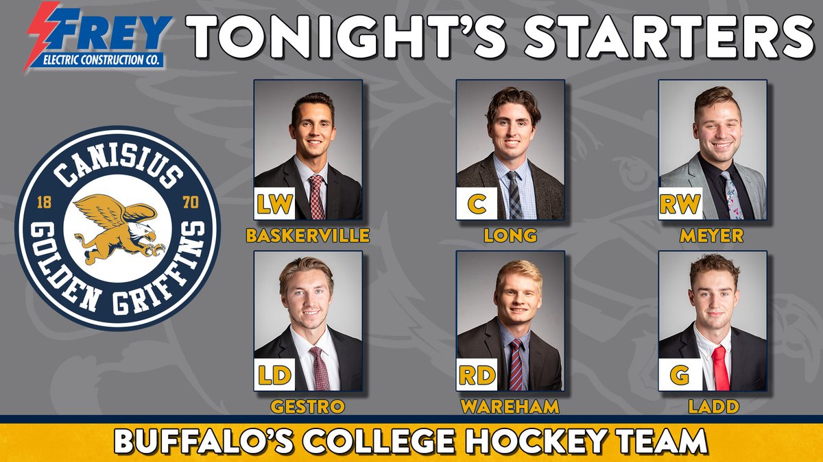 GriffsHockey's tweet photo. Here are our starters for tonight's contest, presented by @FreyElectric 

Puck drop for the @Atlantic_Hockey matchup between Canisius and Niagara is less than 20 minutes away!

#Griffs https://t.co/NJBM8ydaLl