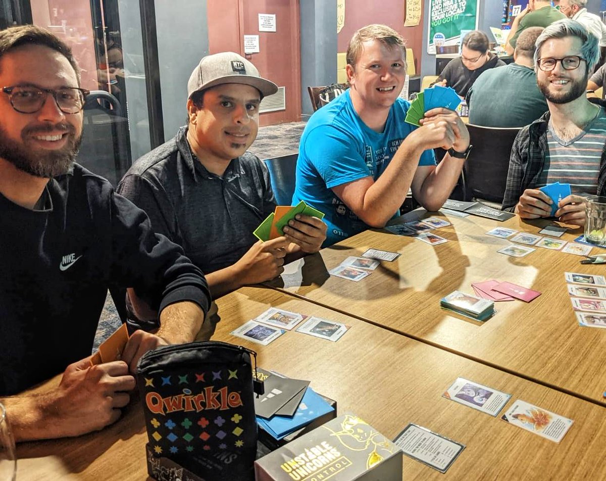 Instability is catching with Unstable Unicorns. Carl is awesome at teaching everyone to love games. Even taught us how to love Exploding Kittens! Then he goes on to win a game of Splendor without paying any attention at all #puppydistractions #impressiveskills