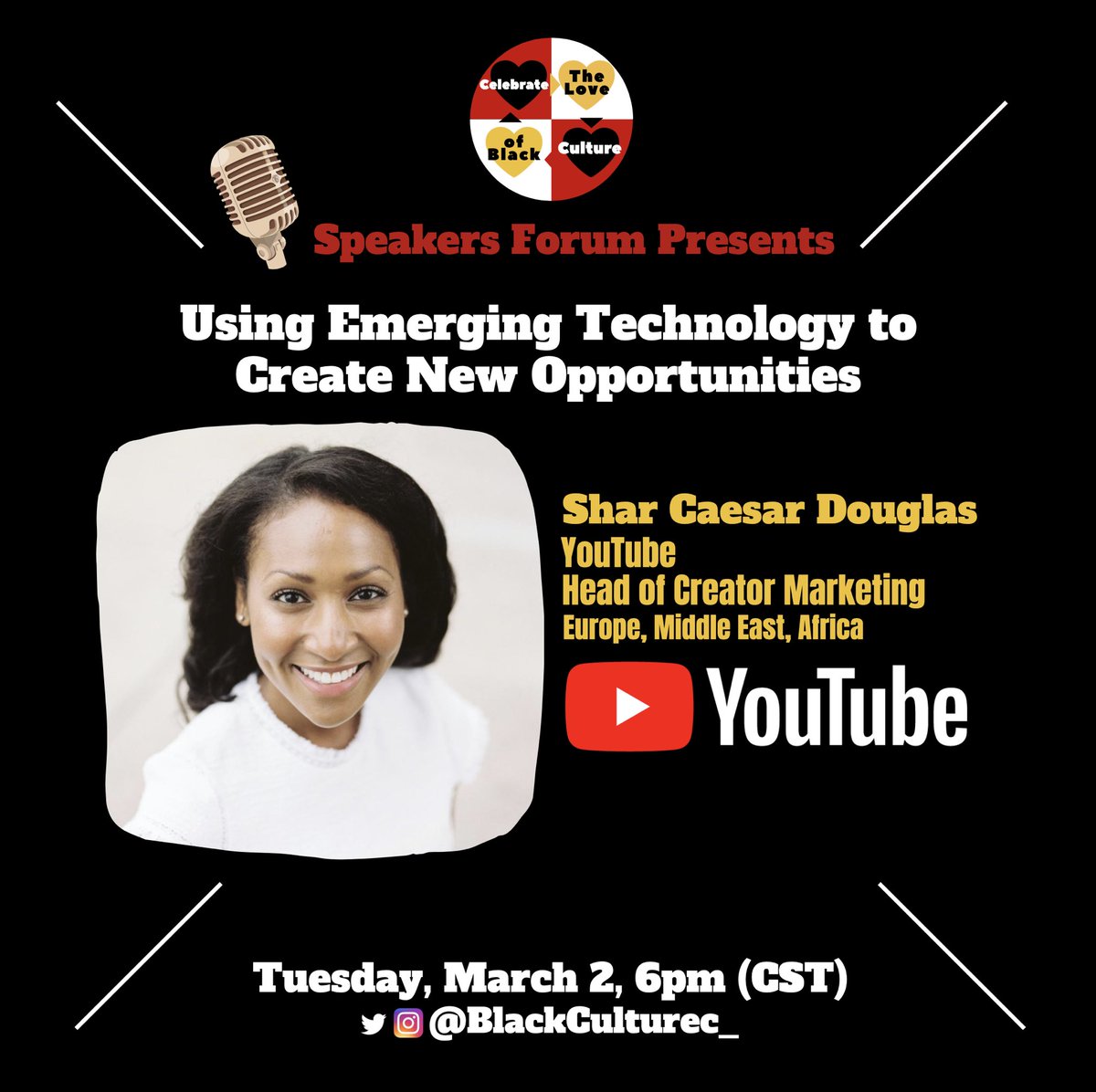 blackculturec_'s tweet photo. ✨JOIN US Tuesday, March 2, 6pm (CST) 🎙SPEAKERS FORUM
🌟GAME NIGHT Prizes T-Shirts &amp; Black Panther Ty plush toys #tyblackhistory 

🎙SPEAKERS:

Shar Caesar Douglas 
YouTube Head of Creator Marketing
Europe, Middle East, Africa

@LewisJohnsonMG 
Host, All In With Esports Podcast https://t.co/OcU11pNLav
