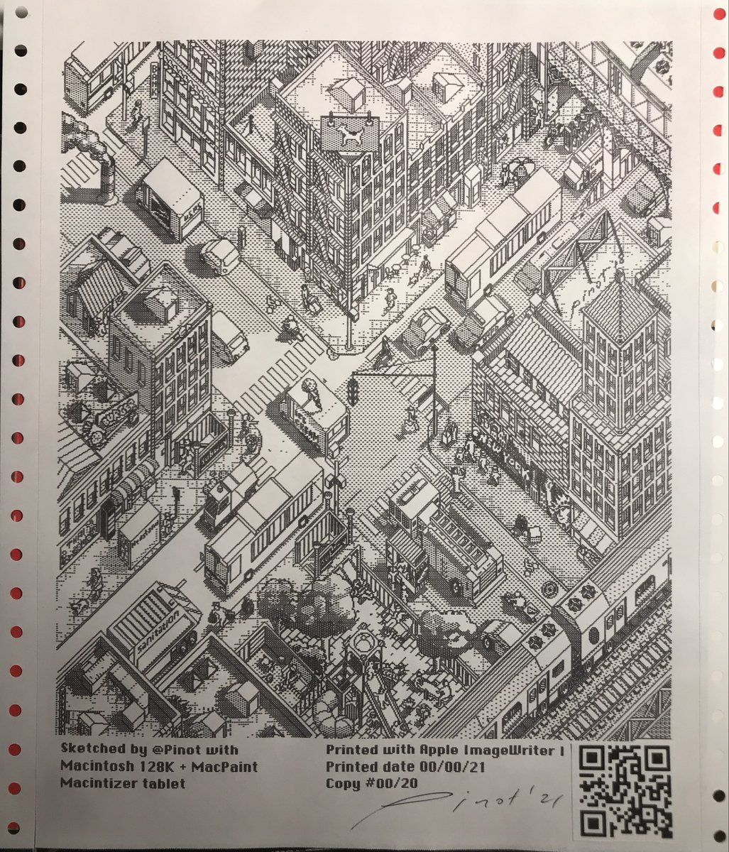 pinot's tweet photo. Another 1-bit isometric MacPaint pixel art is ready to print with ImageWriter dot matrix printer. Available for 20 copies ($75 each) DM me your address and I will mail printed copy to you (free for US address). Thank you so much for your support *bows* https://t.co/Yn8H4nN9s4