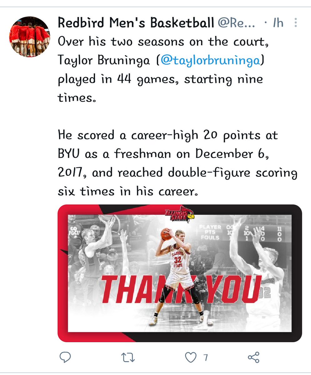 Our family will be forever grateful to Coach Dan Muller, the entire coaching staff and Trainer Munn(for the countless hours he spent trying to help Taylor through his injuries). Taylor, we are so proud of you. We Love You BIG T #32 <a href="/Redbird_MBB/">Illinois State Men's Basketball</a> <a href="/DanMuller/">Dan Muller</a> <a href="/taylorbruninga/">Taylor Bruninga</a>