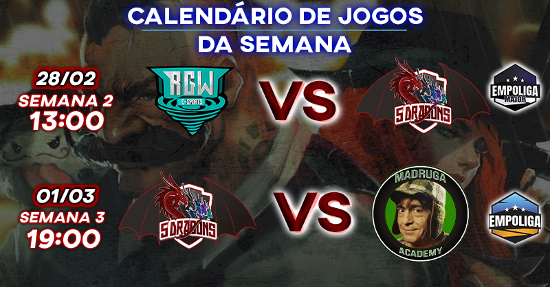 5DragonseSports's tweet photo. Excelente noite à todos!
Esta é nosso calendário de jogos da semana!!
um Pela @empoligaoficial e o outro pela liga freeelo!
dia 28/02 contra a @RGW_eSports
dia 01/03 contra a @MadrugaEsports
#Confronto #Go5DG #eSports #empoliga https://t.co/eh8fUXmiq9