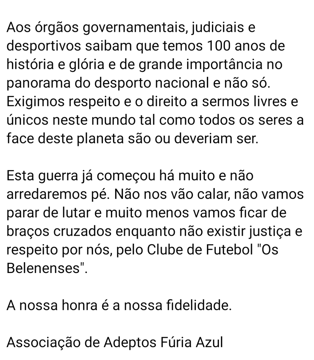 Furiaazul1984's tweet photo. Comunicado Fúria Azul.
"Não nos vao calar, não vamos parar de lutar e muito menos ficar de braços cruzados enquanto não existir justiça e respeito por nós, pelo Clube de Futebol "Os Belenenses".
#oBelenensesédossocios #tweetpastel 
#Belenenses https://t.co/B6ru15ti4K
