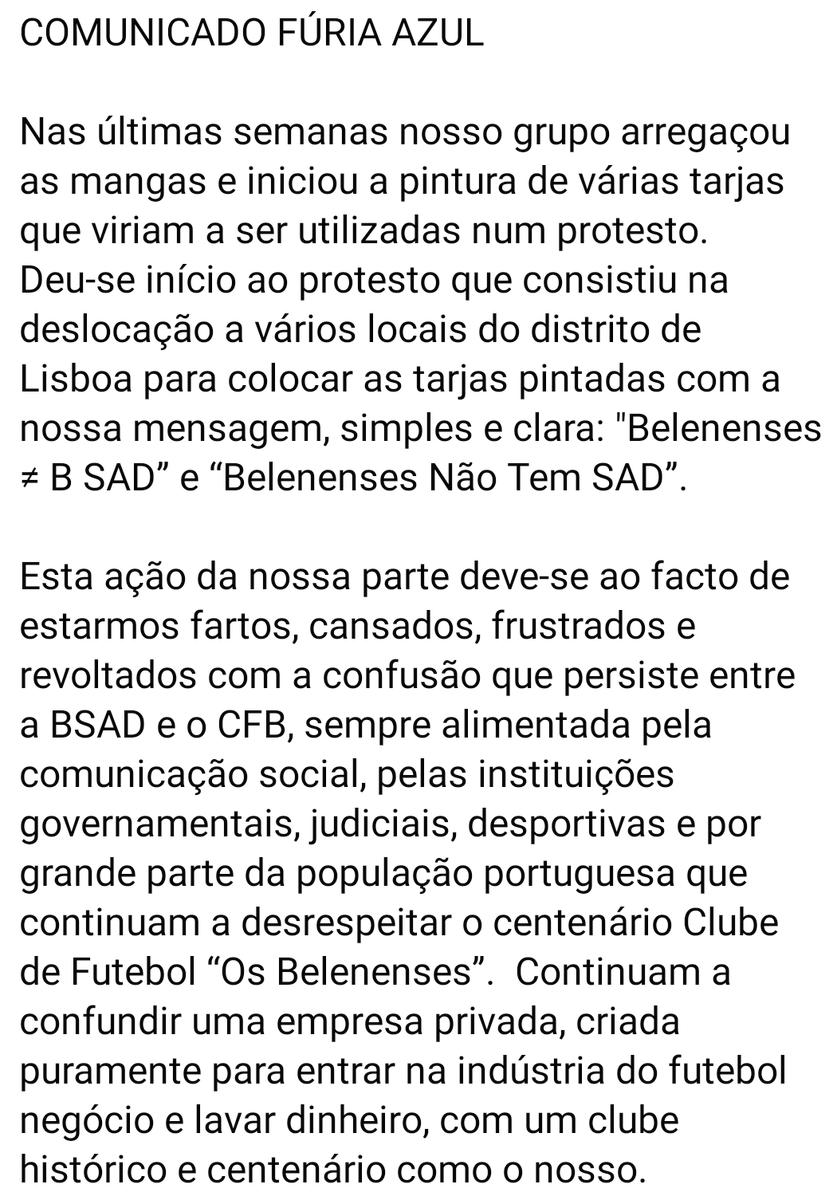 Furiaazul1984's tweet photo. Comunicado Fúria Azul.
"Não nos vao calar, não vamos parar de lutar e muito menos ficar de braços cruzados enquanto não existir justiça e respeito por nós, pelo Clube de Futebol "Os Belenenses".
#oBelenensesédossocios #tweetpastel 
#Belenenses https://t.co/B6ru15ti4K