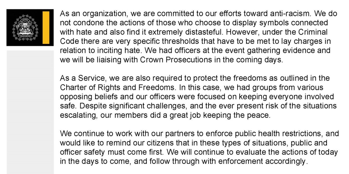 CalgaryPolice's tweet photo. Please read our full statement in relation to the protest that happened today in #yyc. As an organization, we are committed to our efforts toward anti-racism. https://t.co/I2QbVizhxD