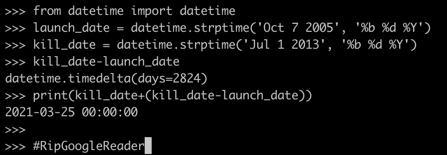 ZackMaril's tweet photo. On March 25th, 2021 Google Reader will have been dead for longer than it was alive. #RipGoogleReader https://t.co/CMYNe8Ytp0