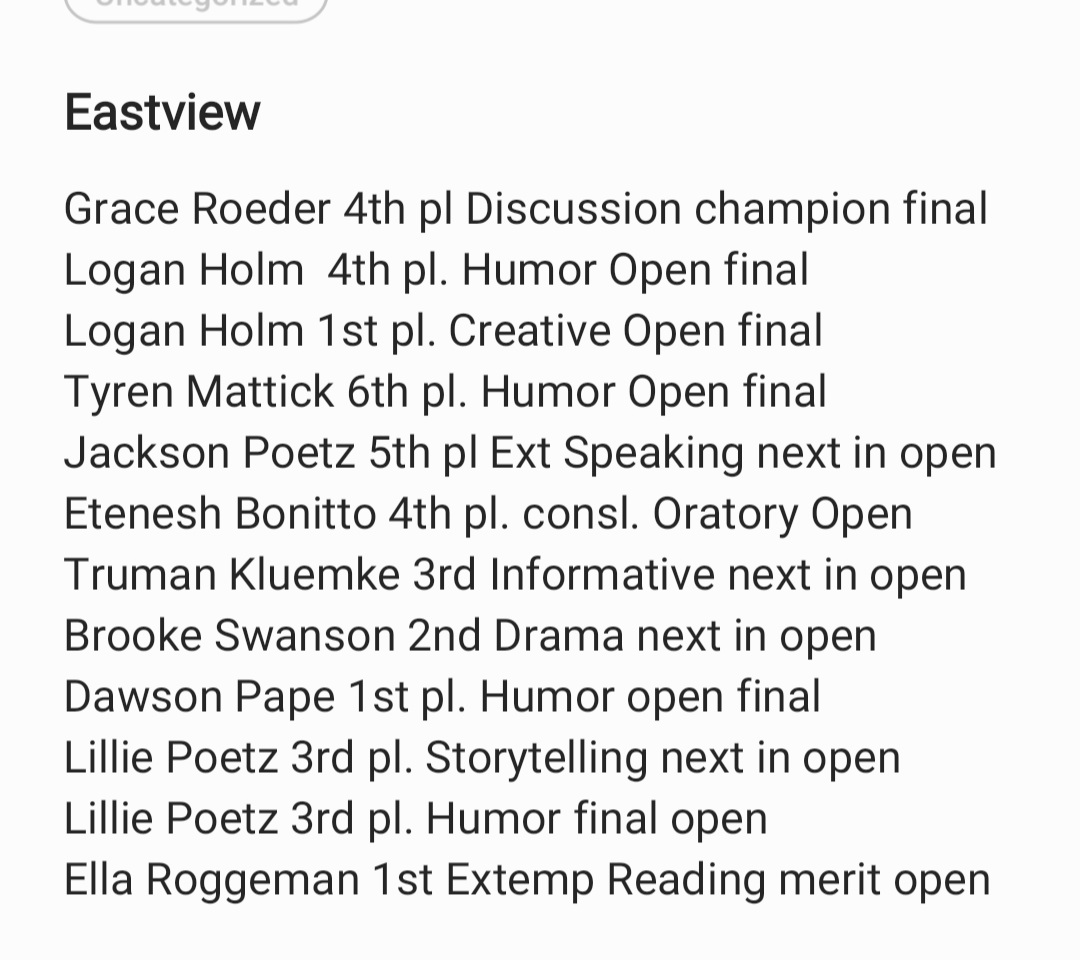 Proud of all of our Tech speakers today! Breaking into the final rounds at Eastview today: